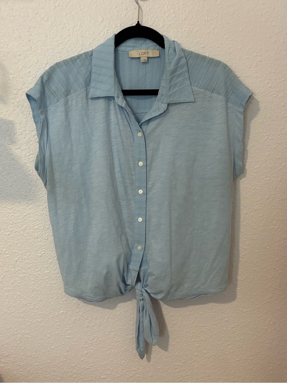 LOFT Pale Blue Short Sleeve Button-Front Tie Shirt